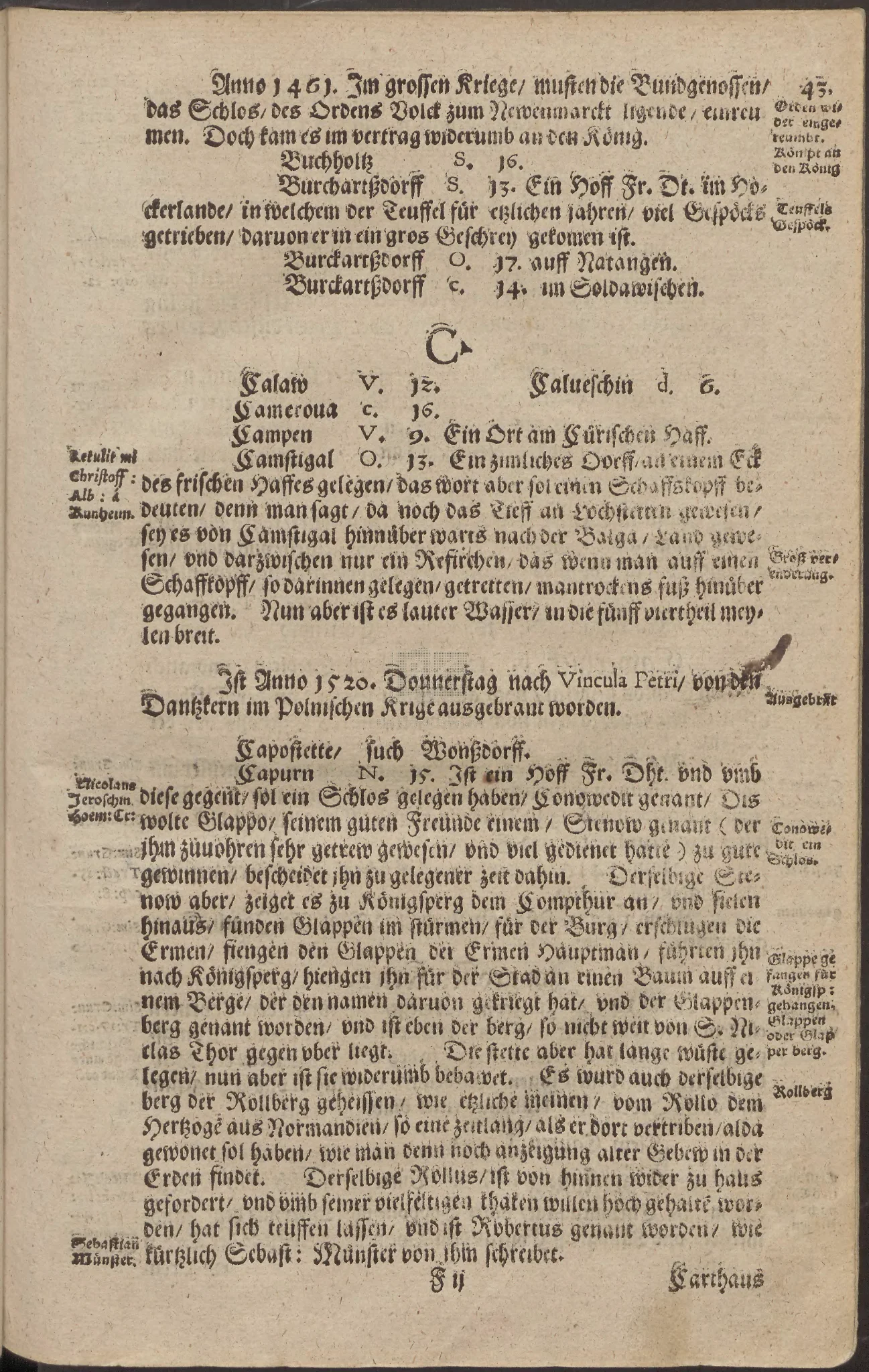 Hennenberger's 1595 Capurn entry stating that a castle called Conowedit was said to have stood in the district