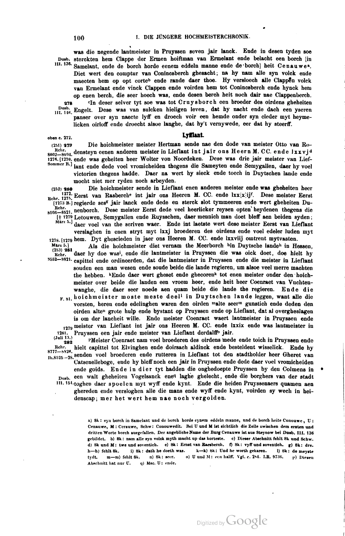 Page 100 of Hirsch's edition of the Younger Hochmeisterchronik with the variants Cenauwe, Conouwe, Cerauwe and Conouwedit